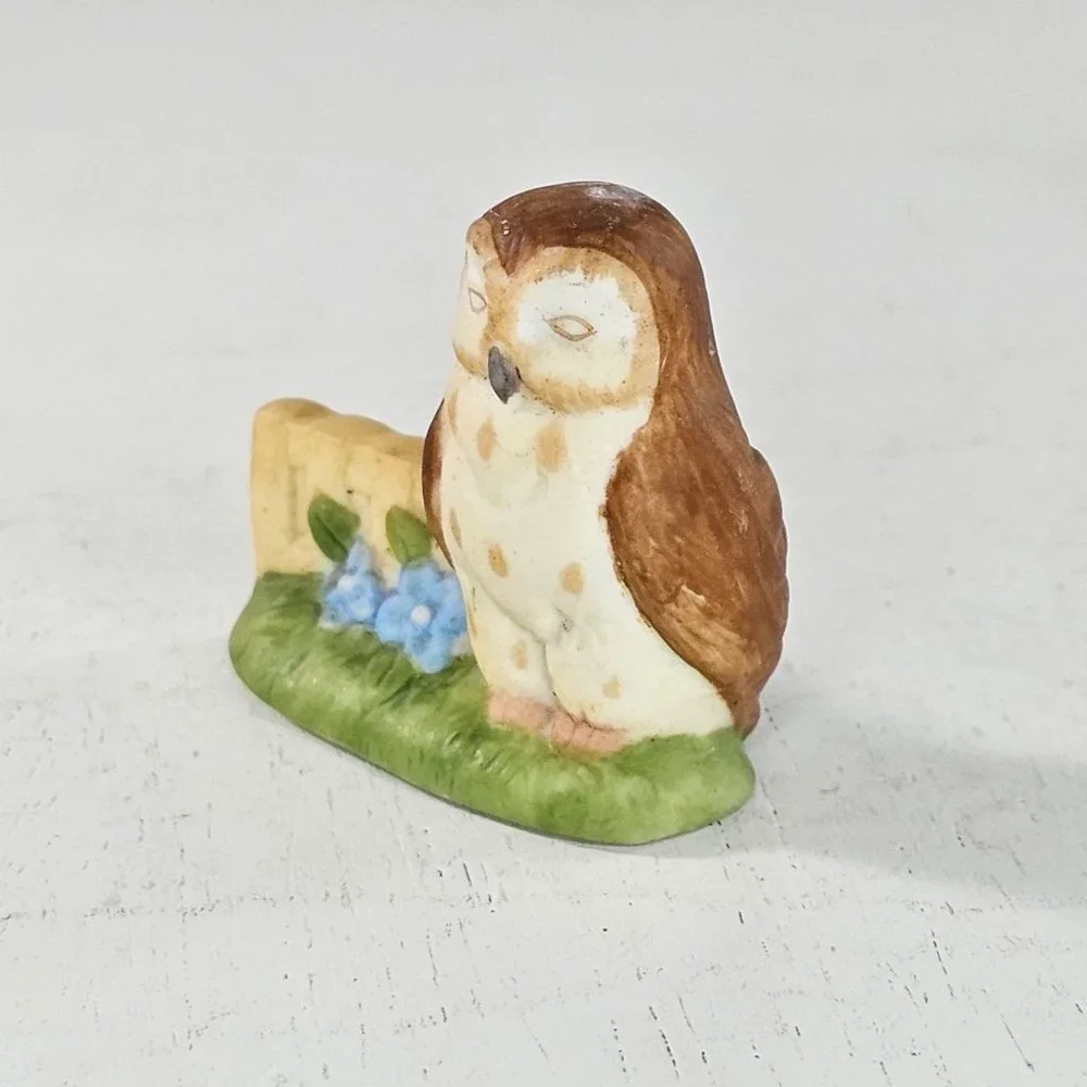 Vintage Schmid Owl Miniature Figurine 1990 Bird Fence Flowers
